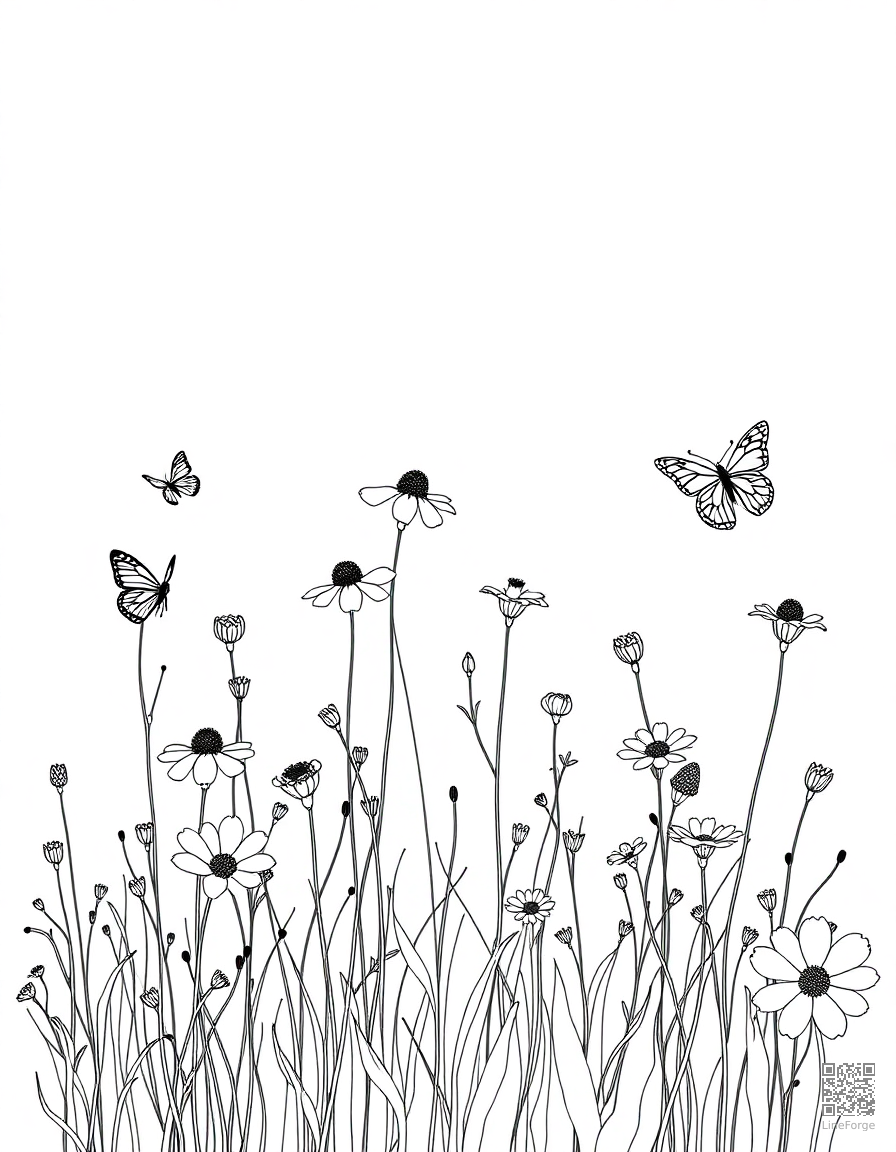 A wildflower meadow with butterflies and bees coloring page Minimal style free printable