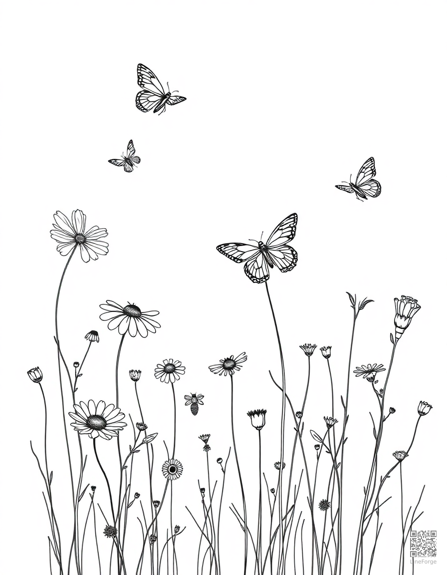 A wildflower meadow with butterflies and bees coloring page Minimal style free printable