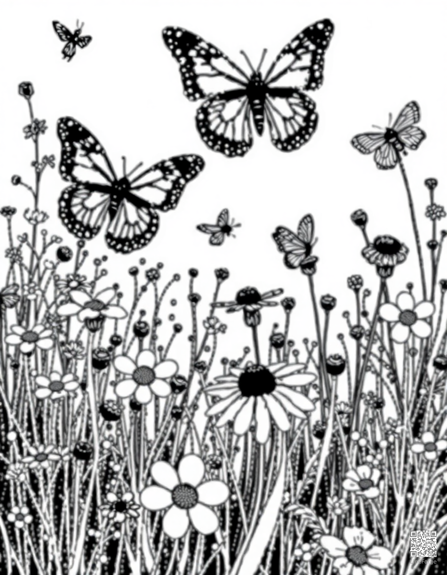 A wildflower meadow with butterflies and bees coloring page Stipple style free printable