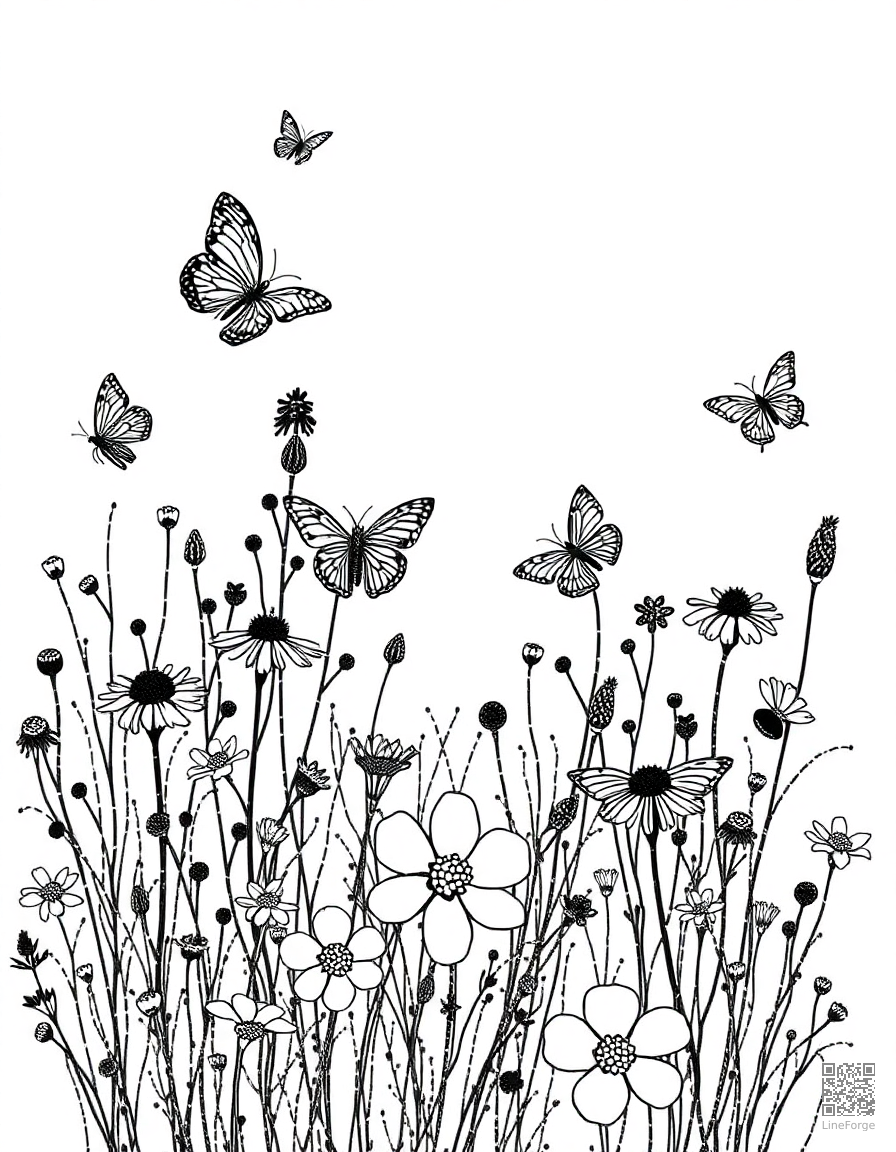 A wildflower meadow with butterflies and bees coloring page Stipple style free printable