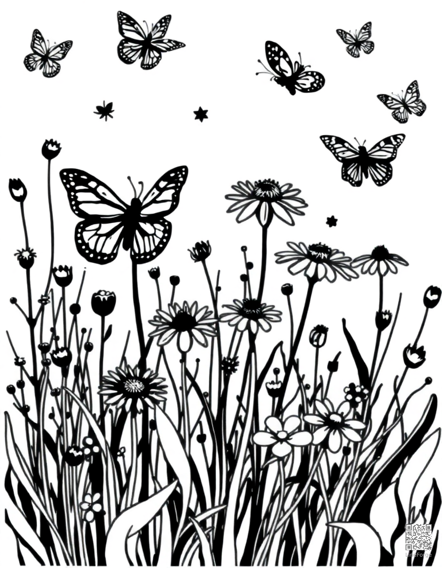 A wildflower meadow with butterflies and bees coloring page Woodcut style free printable