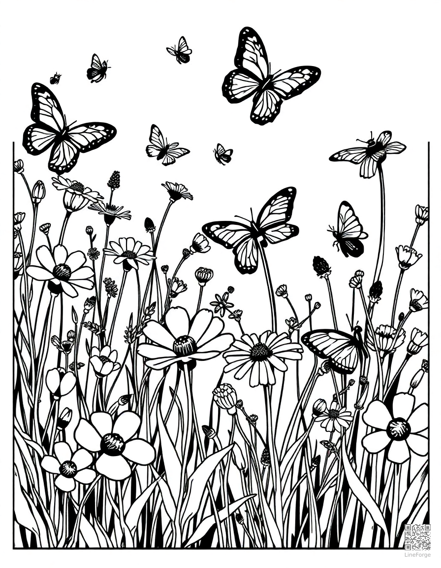 A wildflower meadow with butterflies and bees coloring page Woodcut style free printable