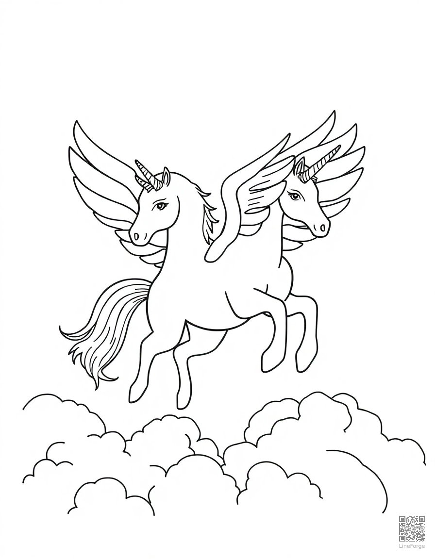 Free a winged pegasus unicorn flying through clouds coloring page in contour style — printable line art