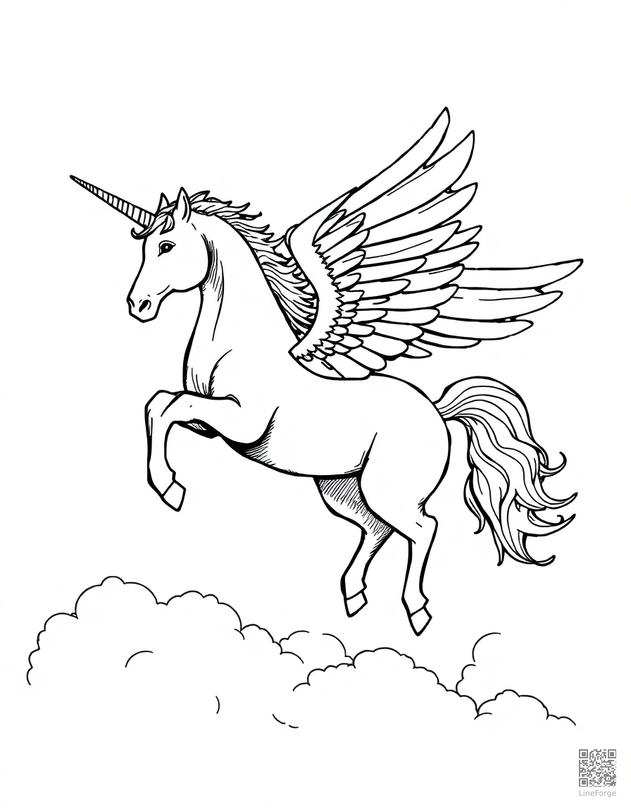 A winged pegasus unicorn flying through clouds coloring page Crosshatch style - free printable