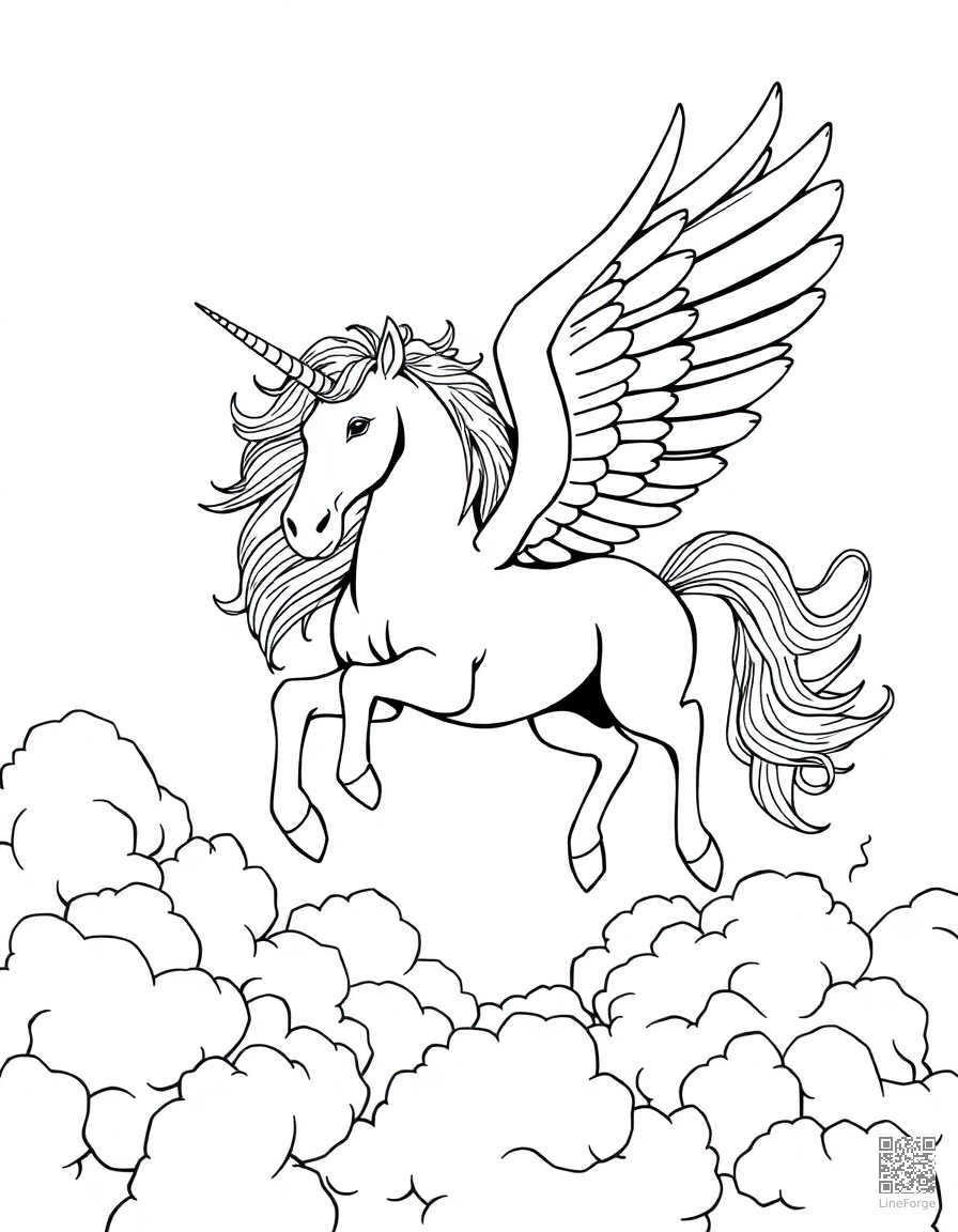 Free a winged pegasus unicorn flying through clouds coloring page in manga style — printable line art