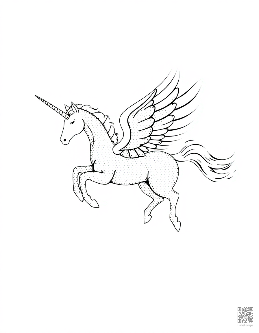 Free a winged pegasus unicorn flying through clouds coloring page in stipple style — printable line art