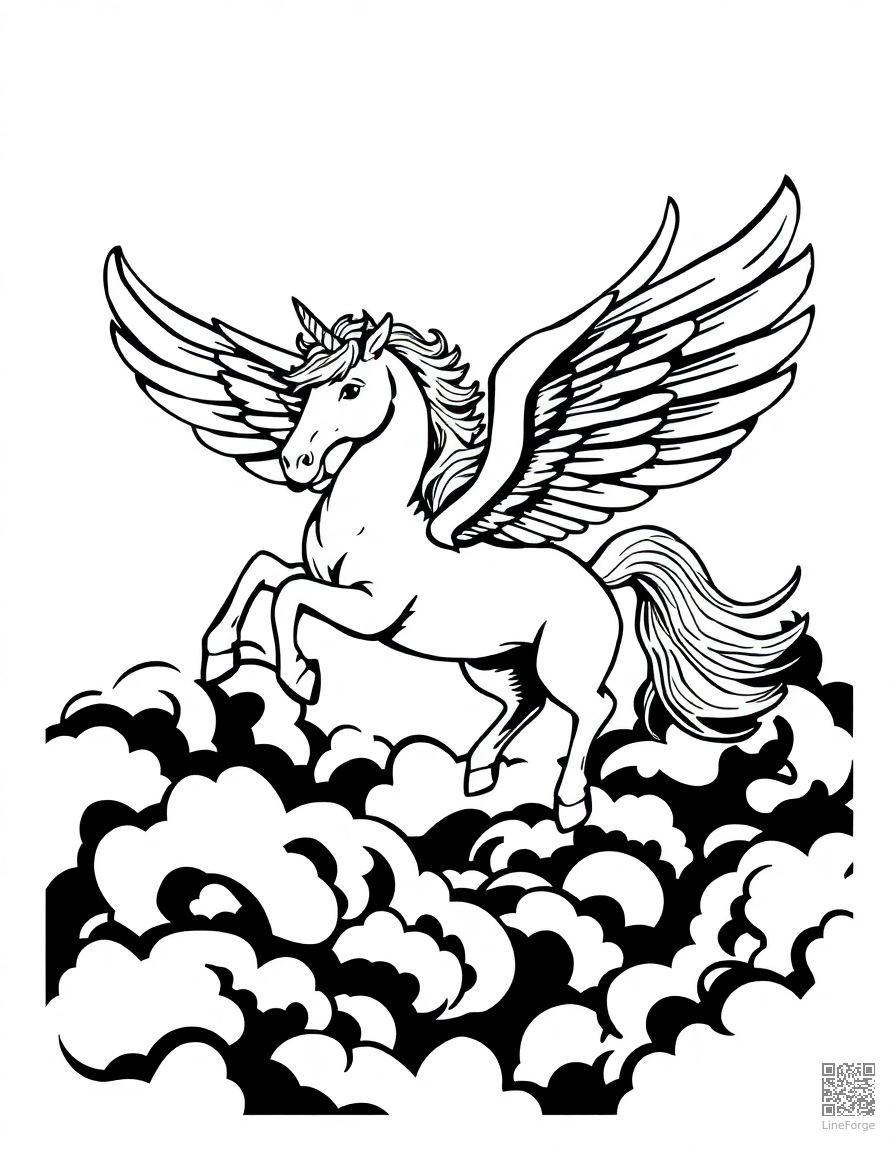 Free a winged pegasus unicorn flying through clouds coloring page in woodcut style — printable line art