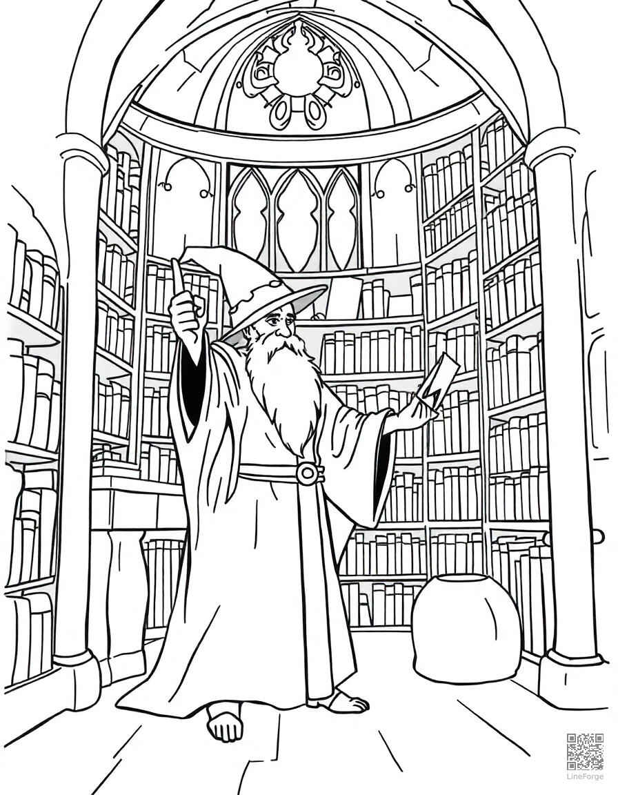 A wizard casting a spell in a tower library coloring page Contour style - free printable