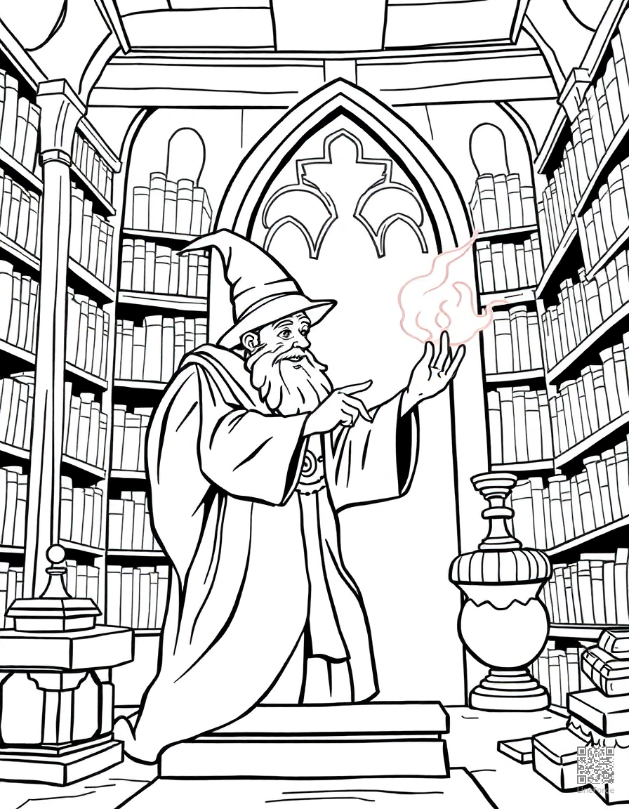 A wizard casting a spell in a tower library coloring page Contour style - free printable