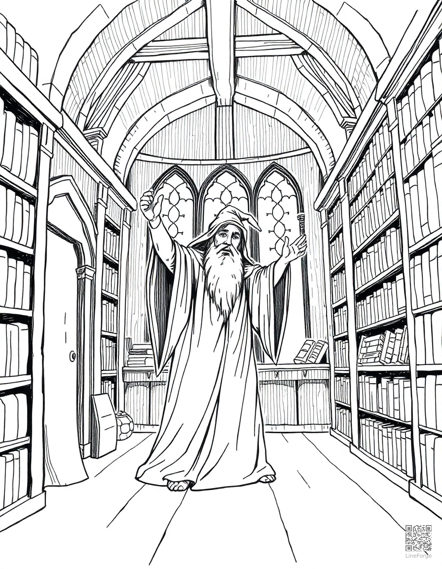 A wizard casting a spell in a tower library coloring page Crosshatch style - free printable