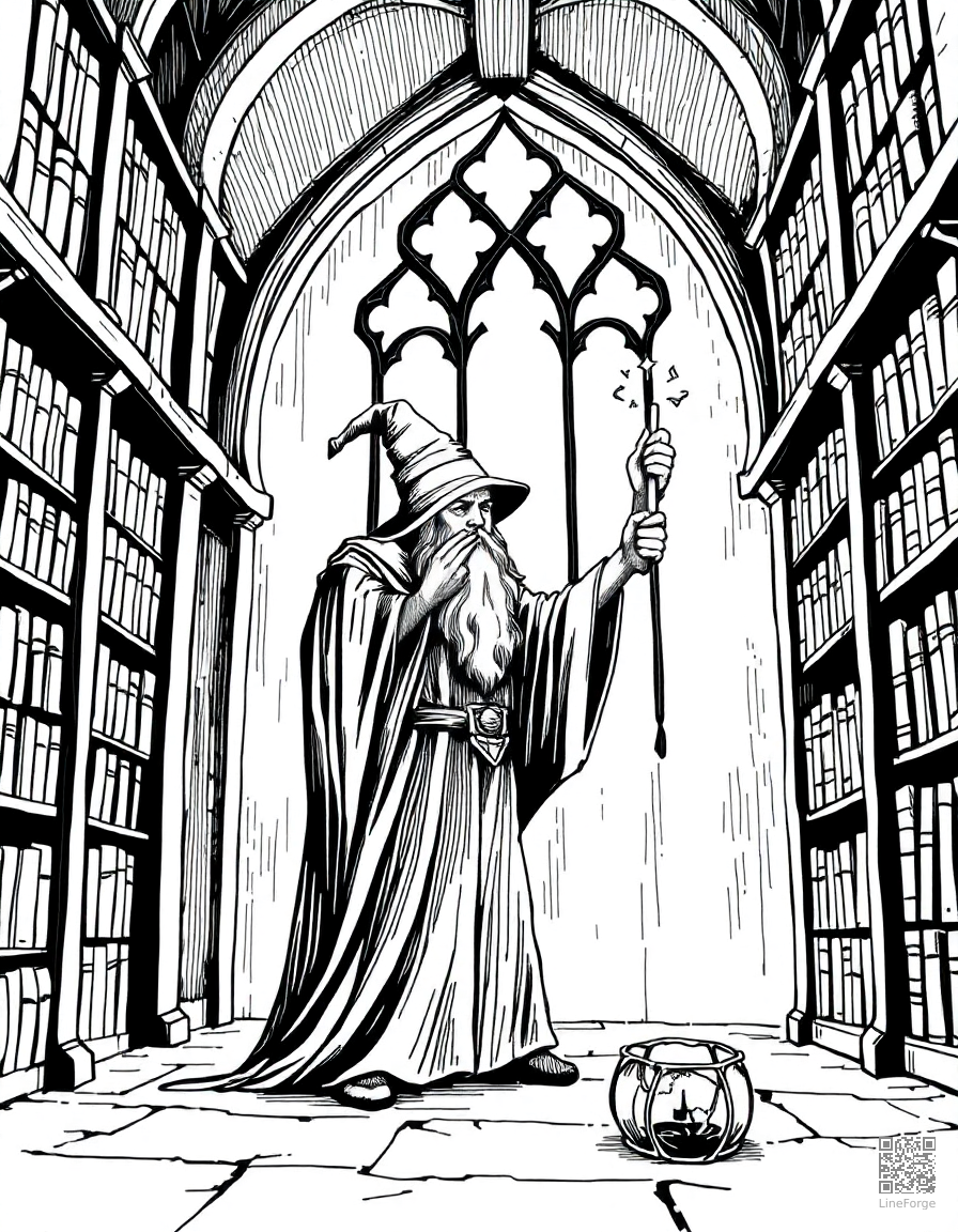 A wizard casting a spell in a tower library coloring page Crosshatch style - free printable