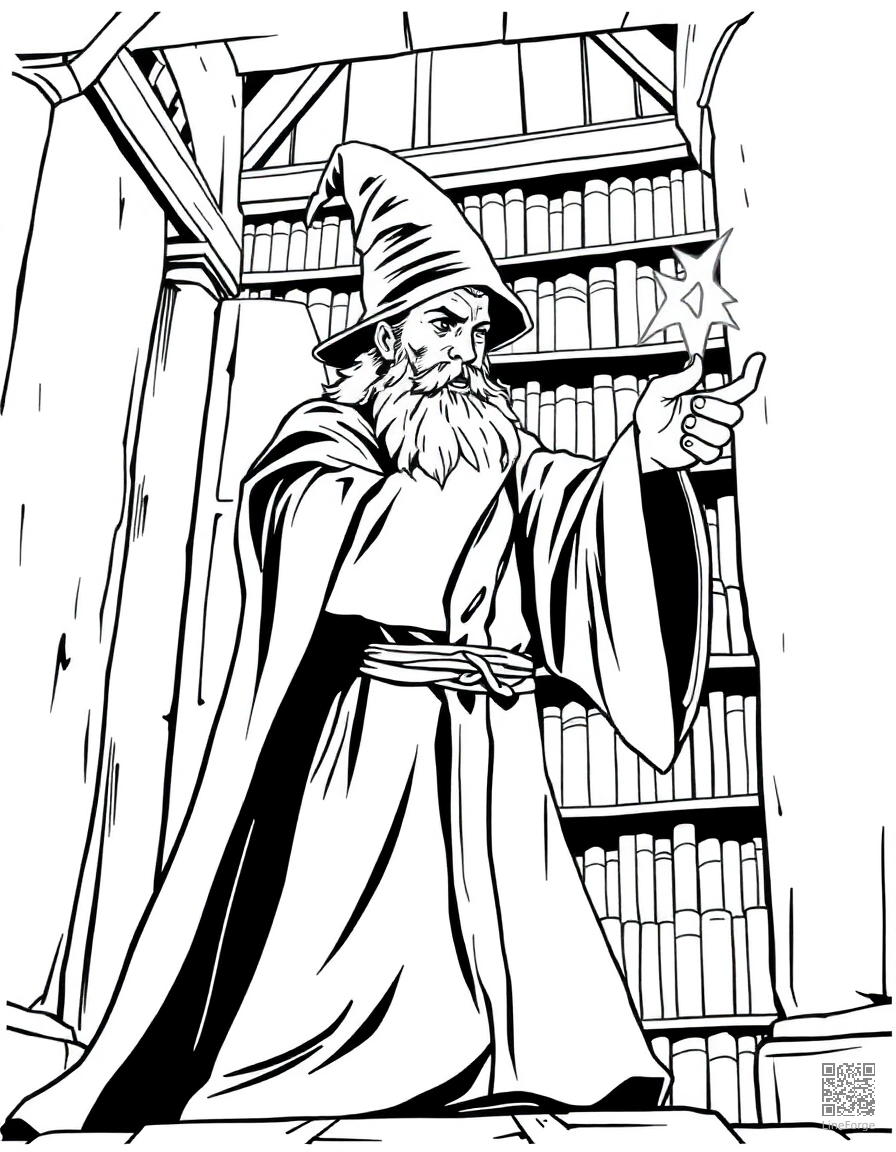 A wizard casting a spell in a tower library coloring page Manga style - free printable