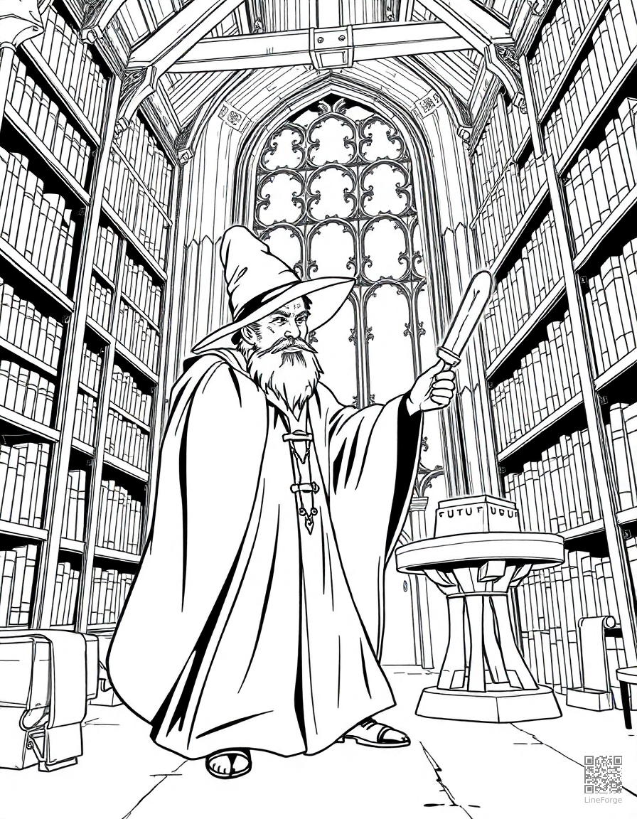 A wizard casting a spell in a tower library coloring page Manga style - free printable