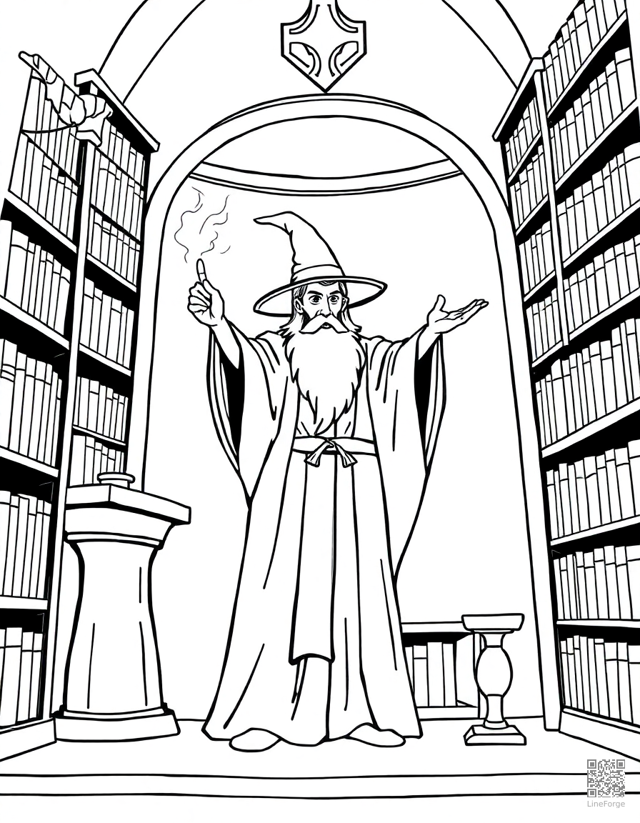 A wizard casting a spell in a tower library coloring page Minimal style - free printable
