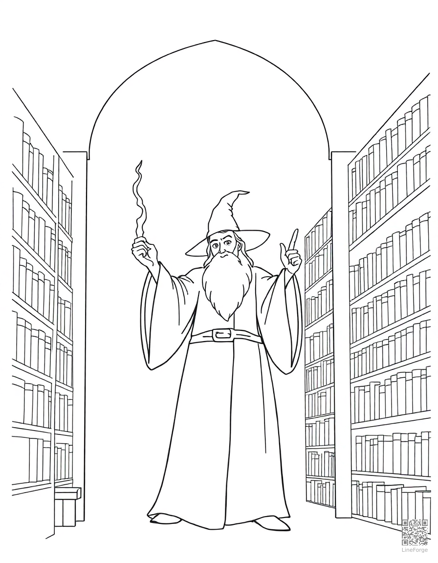A wizard casting a spell in a tower library coloring page Minimal style - free printable