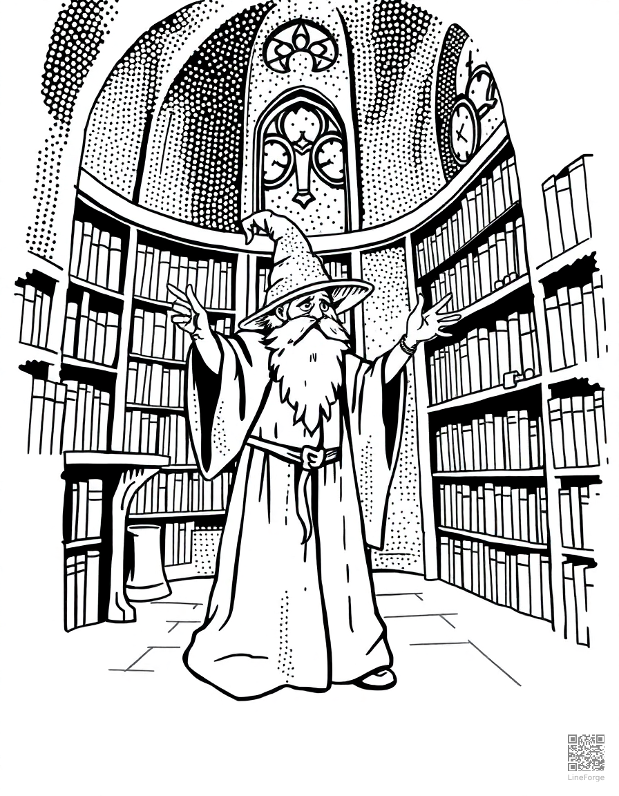 A wizard casting a spell in a tower library coloring page Stipple style - free printable