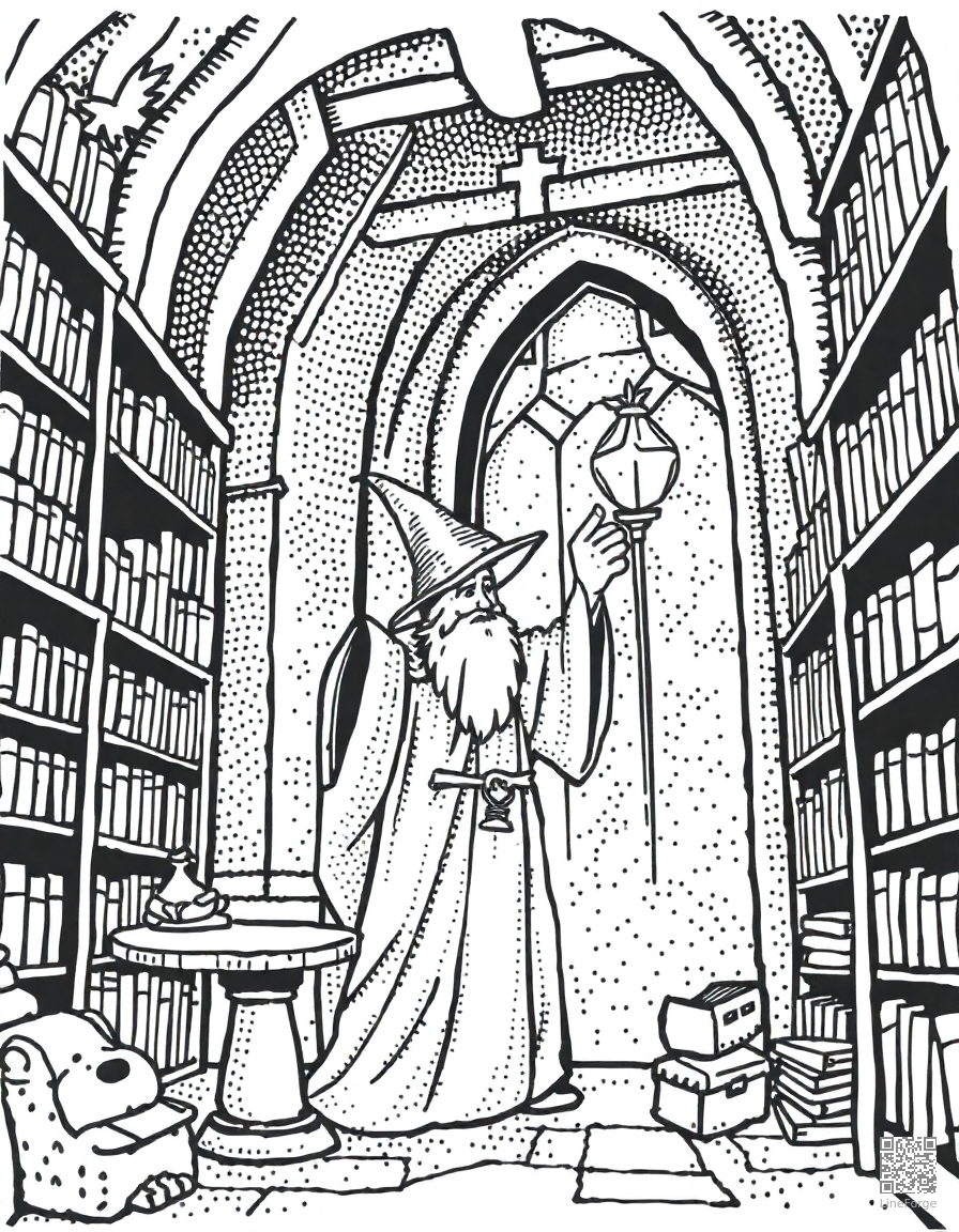 A wizard casting a spell in a tower library coloring page Stipple style - free printable