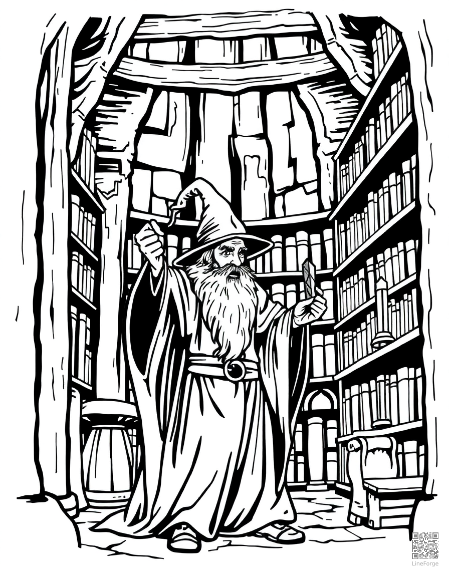 A wizard casting a spell in a tower library coloring page Woodcut style - free printable