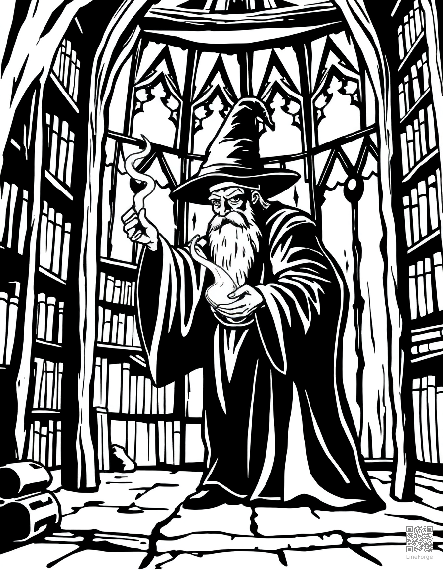 A wizard casting a spell in a tower library coloring page Woodcut style - free printable