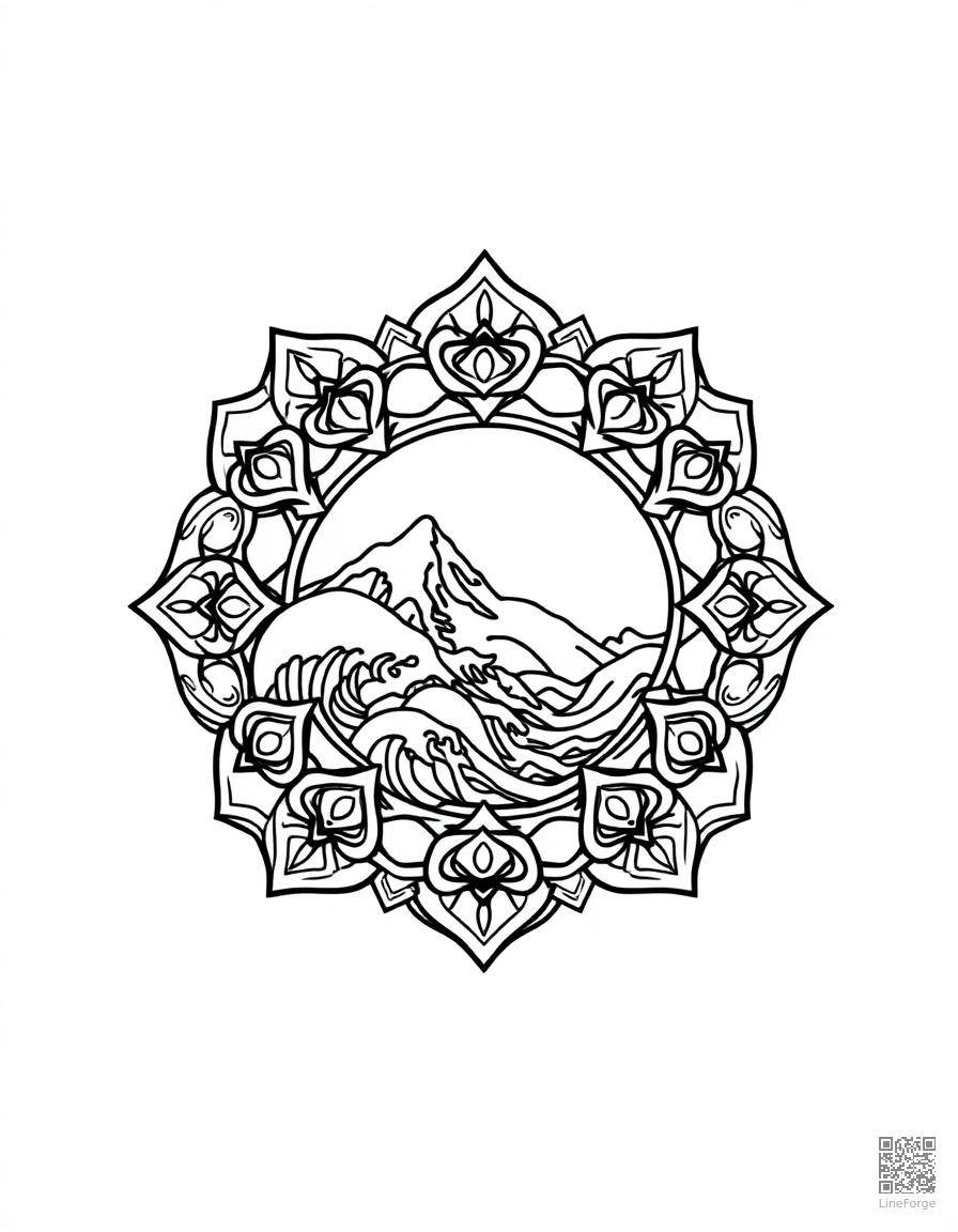 A zen mandala with waves and mountain elements coloring page Contour style free printable