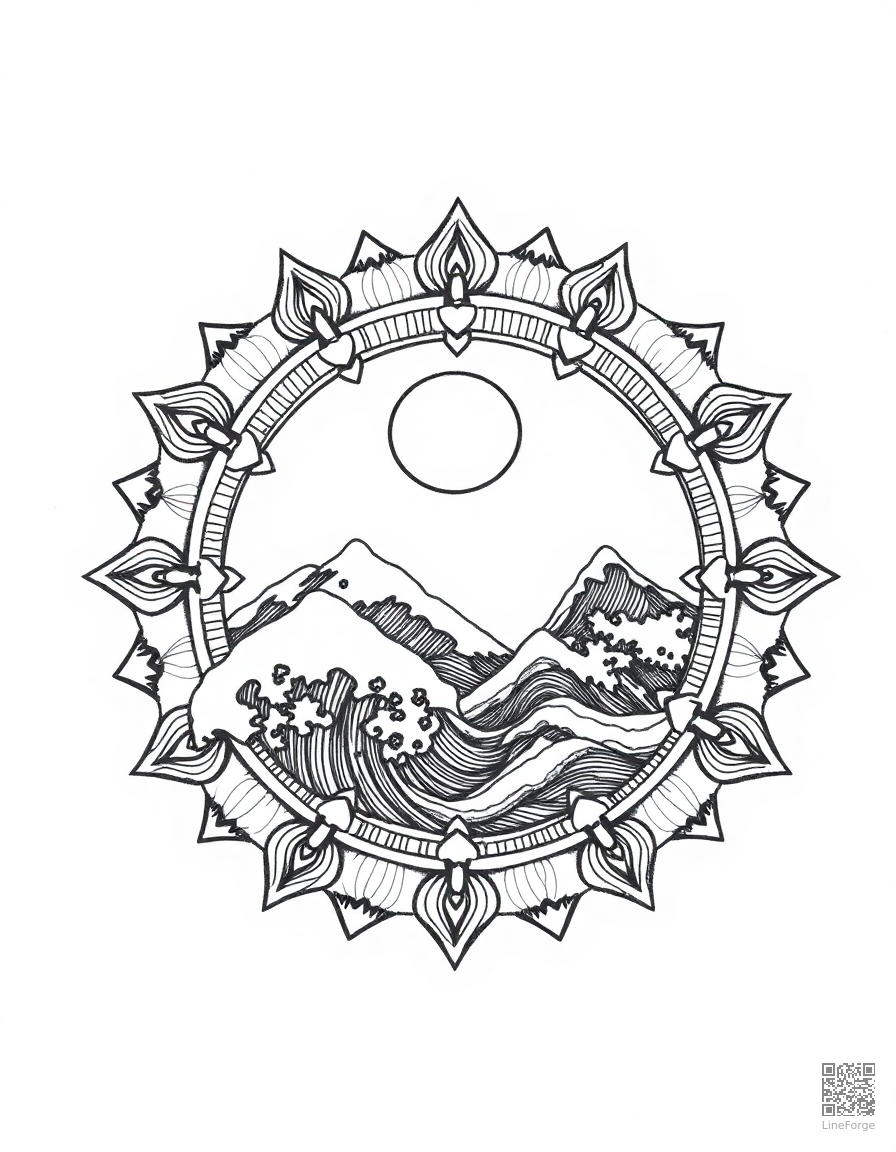 A zen mandala with waves and mountain elements coloring page Crosshatch style free printable