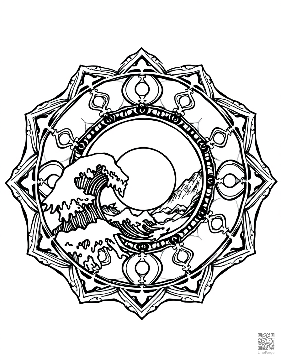 A zen mandala with waves and mountain elements coloring page Manga style free printable
