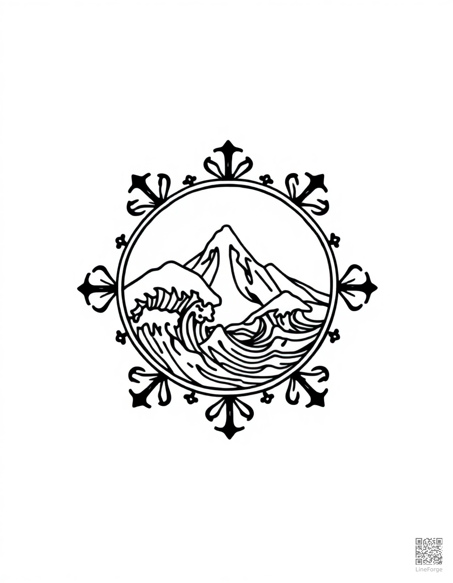 A zen mandala with waves and mountain elements coloring page Minimal style free printable