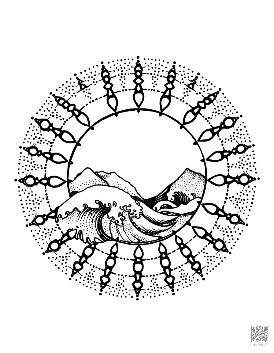 A zen mandala with waves and mountain elements coloring page Stipple style free printable