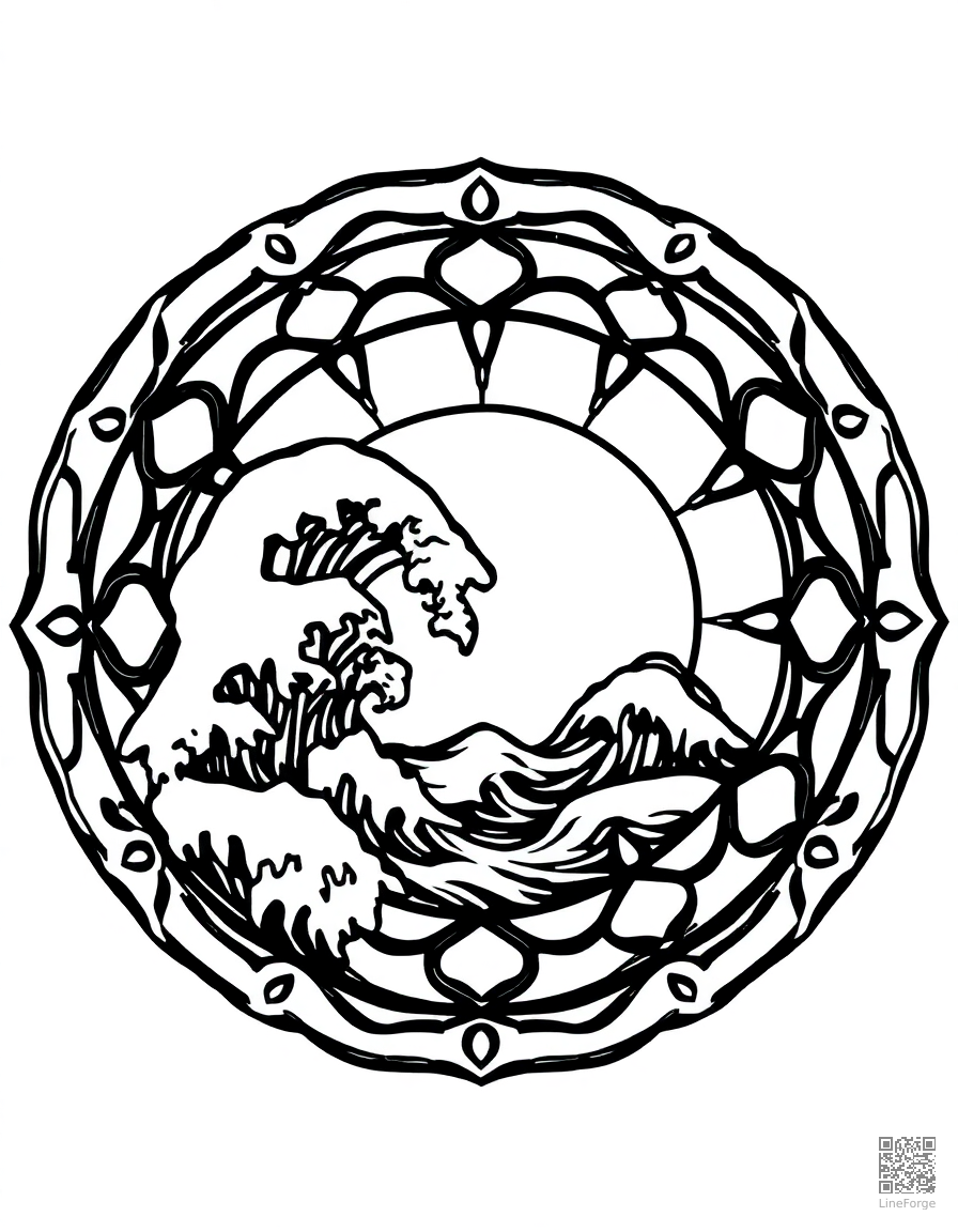 A zen mandala with waves and mountain elements coloring page Woodcut style free printable