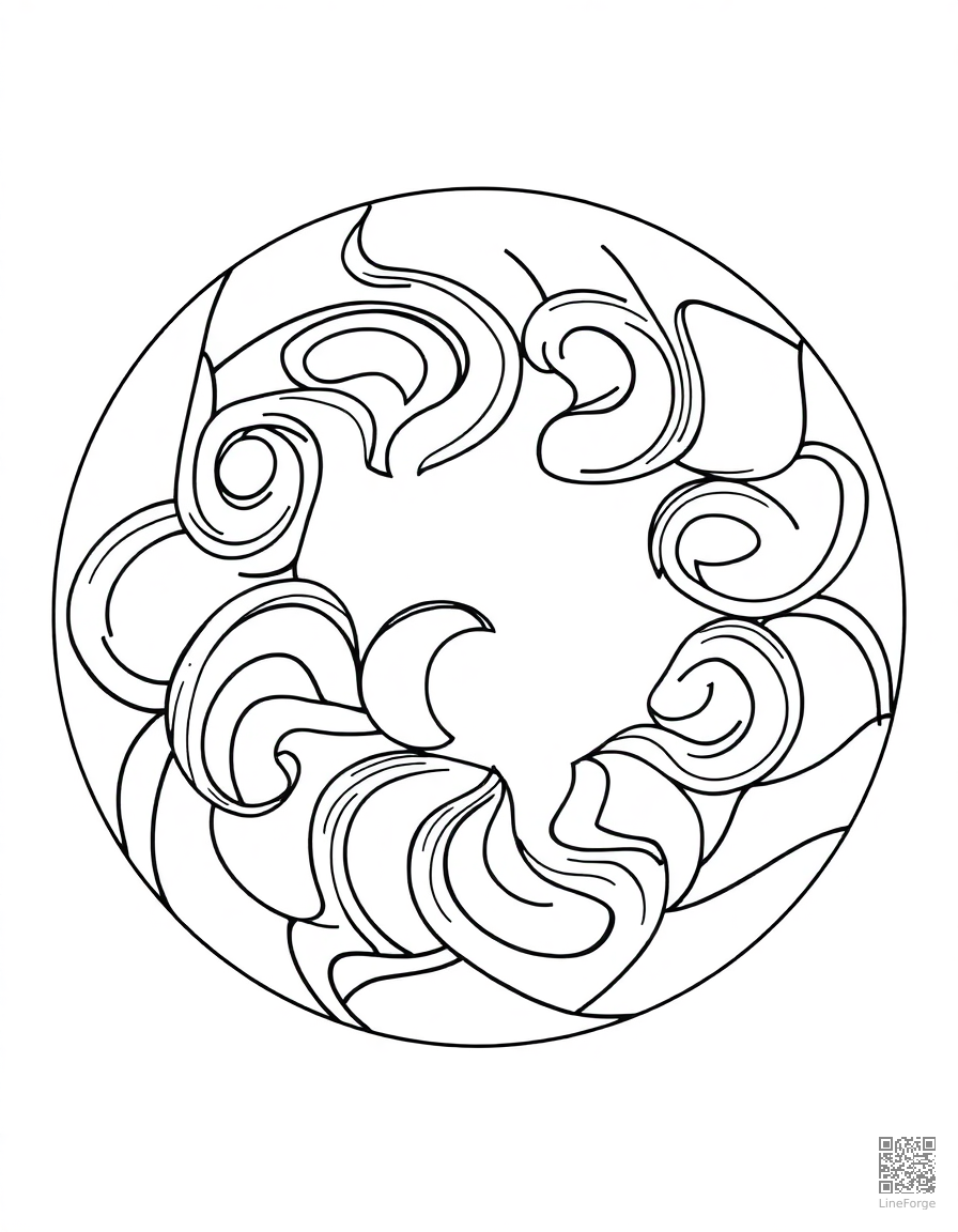 abstract swirl pattern filling a circle coloring page Contour style - free printable