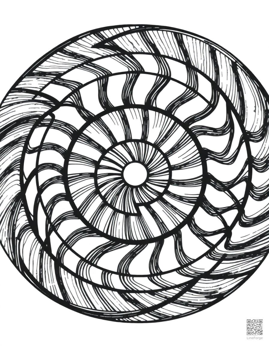 abstract swirl pattern filling a circle coloring page Crosshatch style free printable