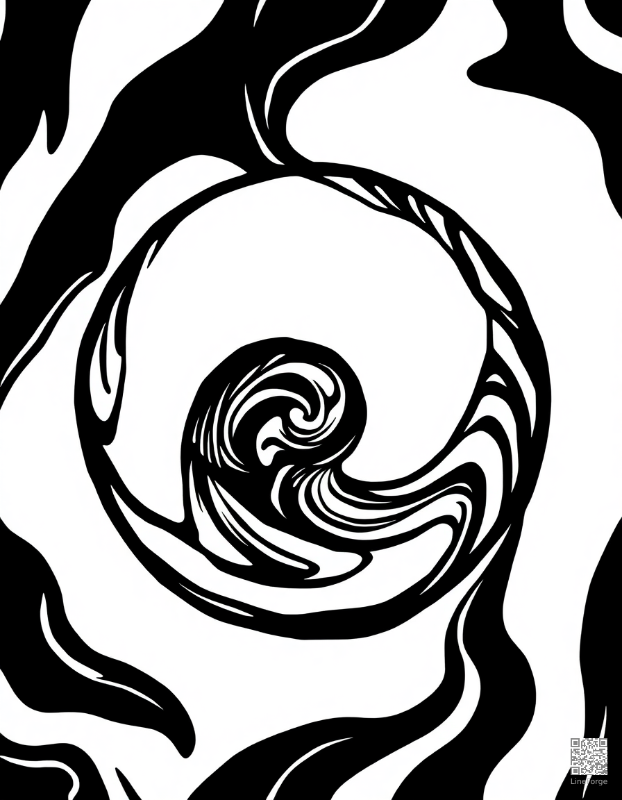 abstract swirl pattern filling a circle coloring page Woodcut style free printable