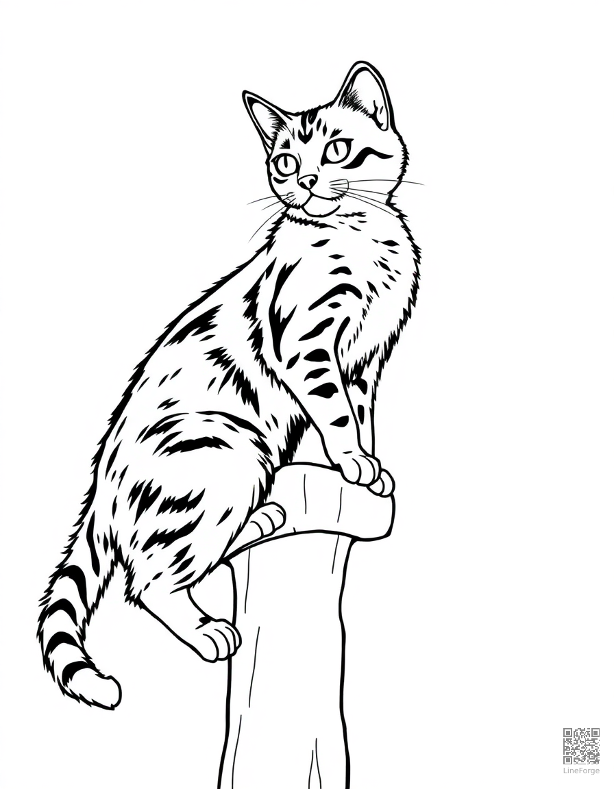 abyssinian cat climbing a tall cat tree coloring page Contour style - free printable