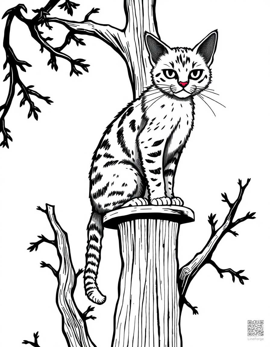 abyssinian cat climbing a tall cat tree coloring page Crosshatch style - free printable