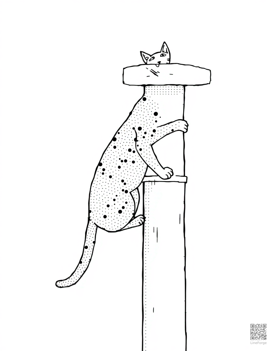 abyssinian cat climbing a tall cat tree coloring page Stipple style - free printable