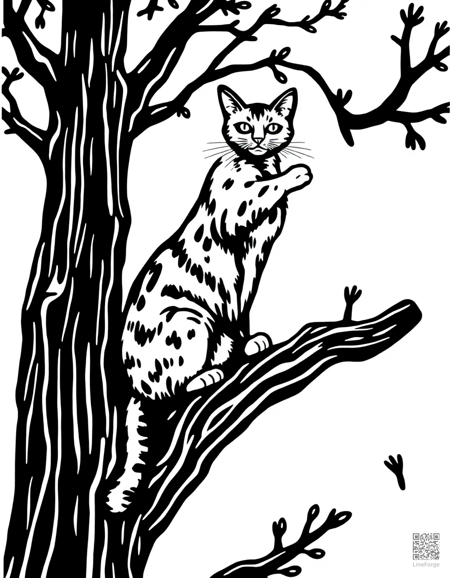 abyssinian cat climbing a tall cat tree coloring page Woodcut style - free printable