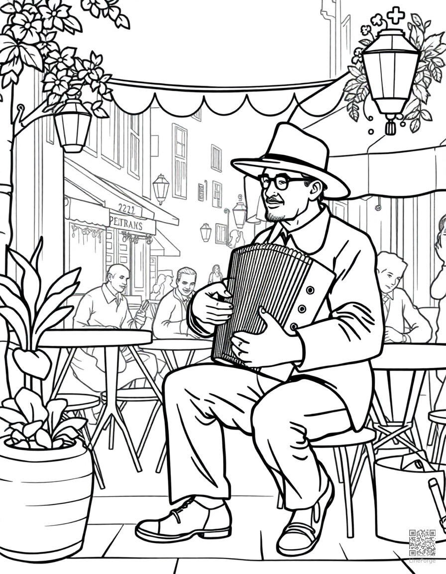 accordion player at a street cafe coloring page Contour style - free printable