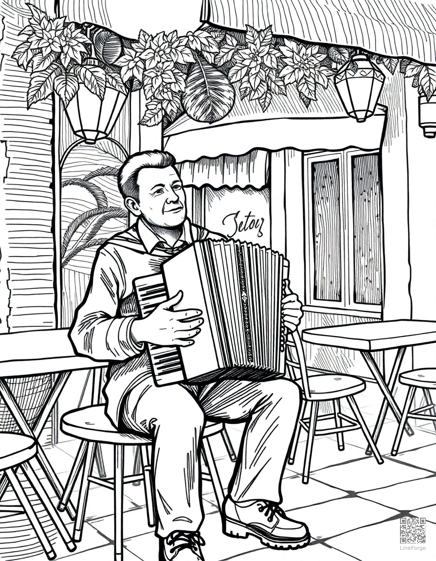 accordion player at a street cafe coloring page Crosshatch style - free printable