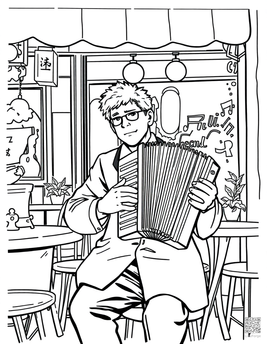 accordion player at a street cafe coloring page Manga style - free printable