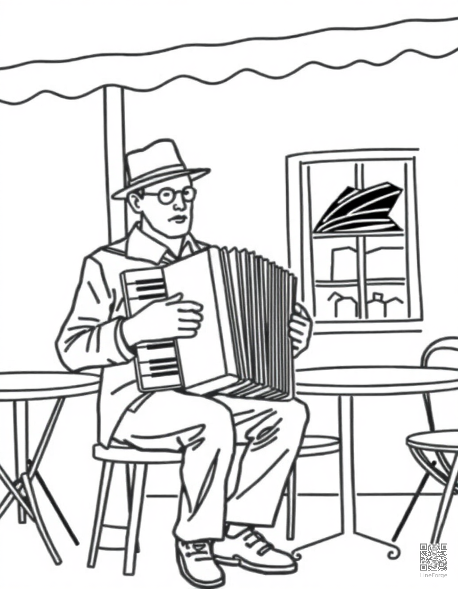accordion player at a street cafe coloring page Minimal style - free printable