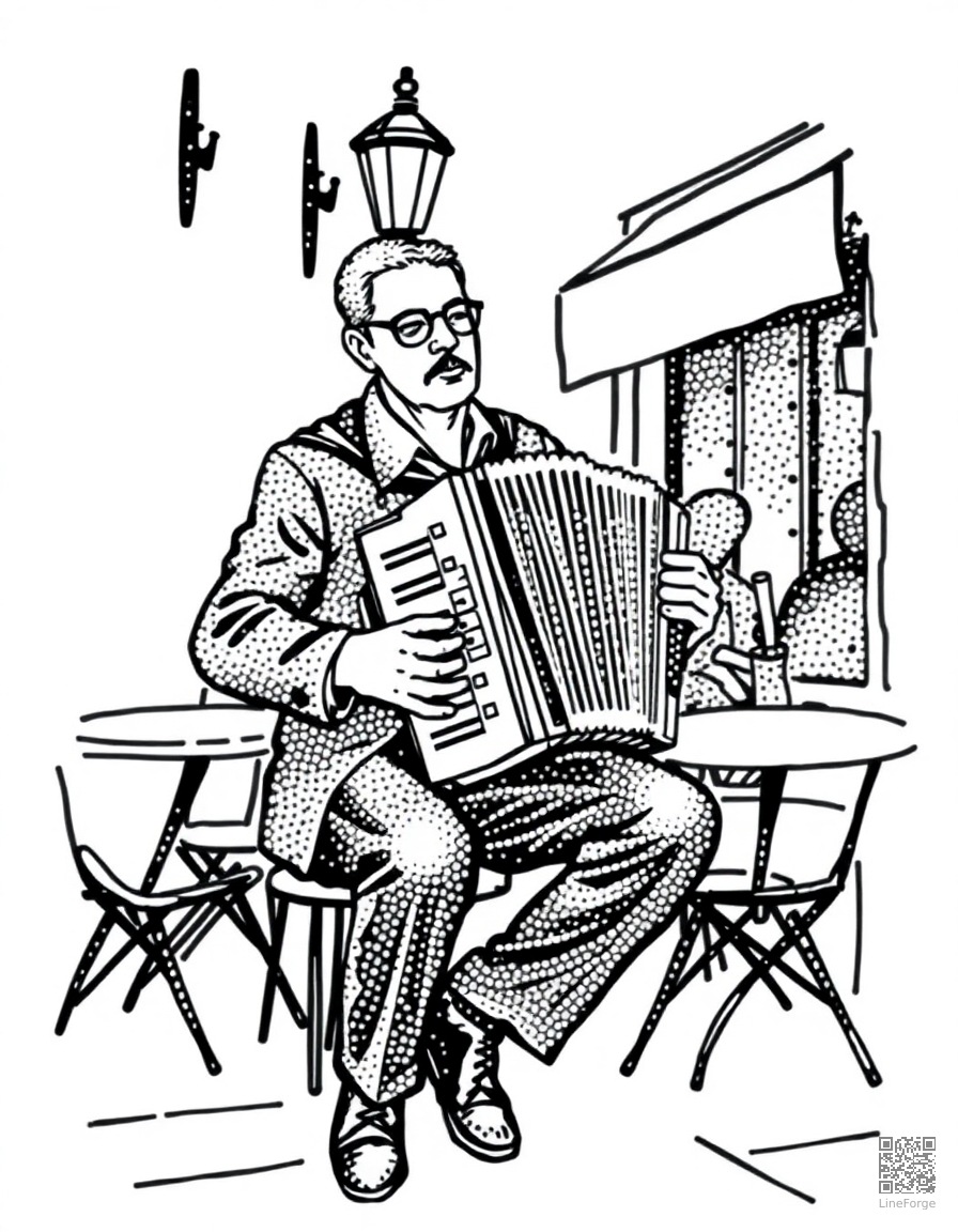 accordion player at a street cafe coloring page Stipple style - free printable