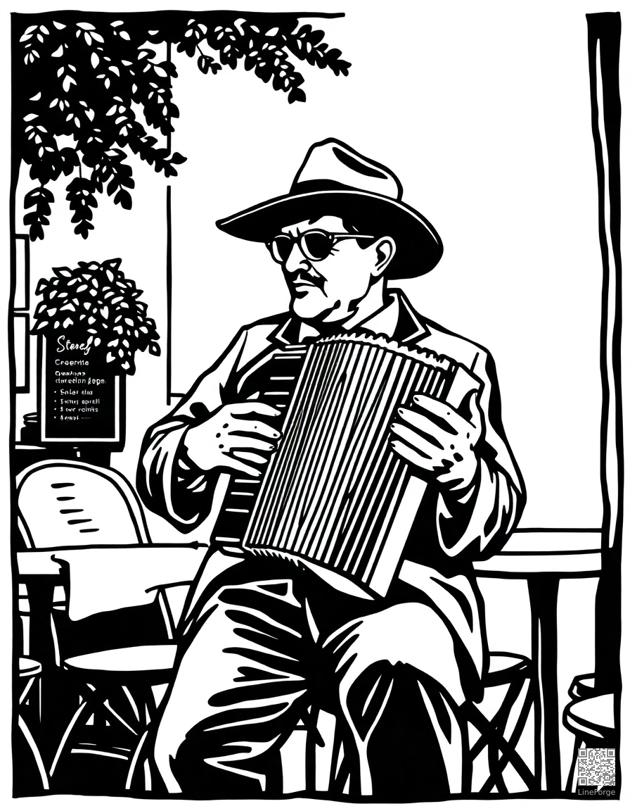 accordion player at a street cafe coloring page Woodcut style - free printable