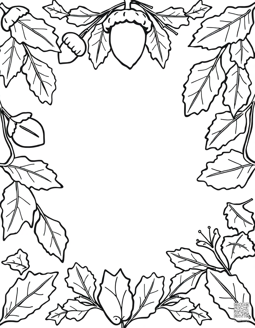 acorn and oak leaf pattern border coloring page Contour style - free printable