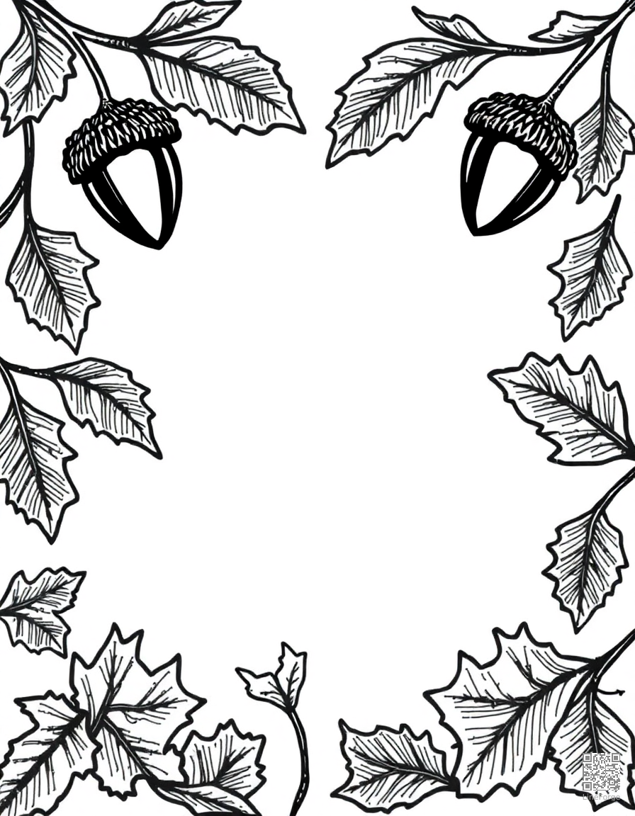 acorn and oak leaf pattern border coloring page Crosshatch style - free printable