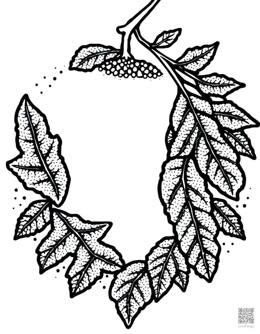 acorn and oak leaf pattern border coloring page Stipple style - free printable