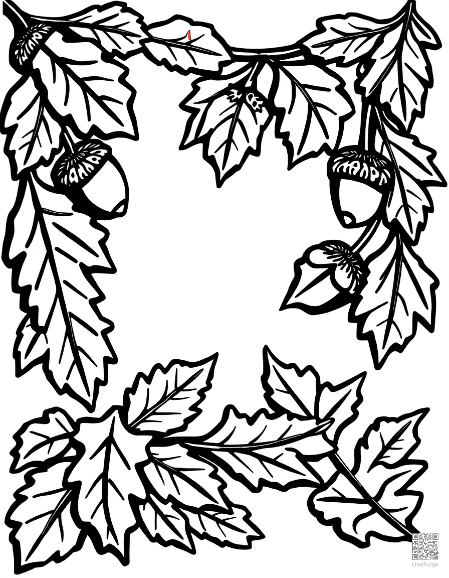 acorn and oak leaf pattern border coloring page Woodcut style - free printable