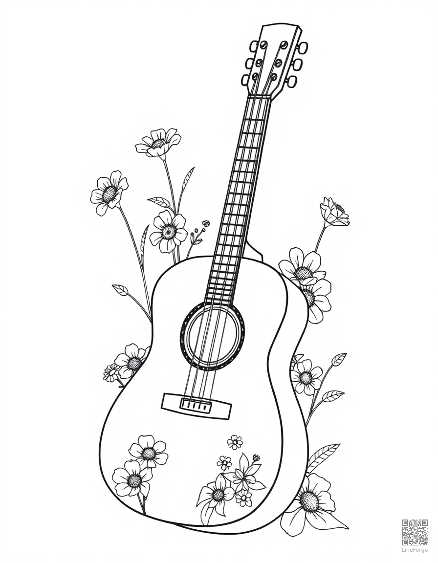 Free acoustic guitar with flowers growing from it coloring page in contour style — printable line art