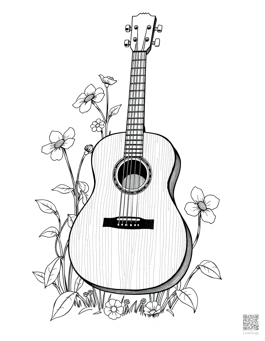acoustic guitar with flowers growing from it coloring page Crosshatch style - free printable