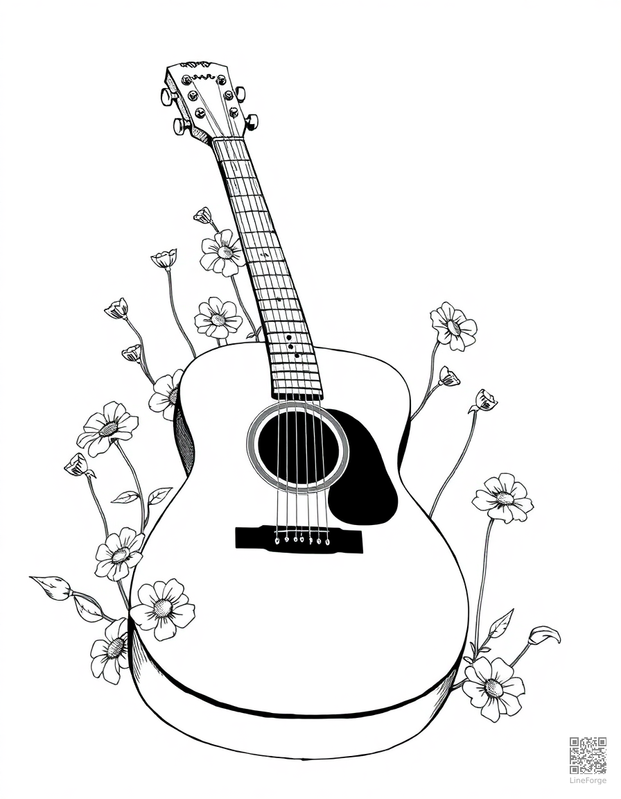 Free acoustic guitar with flowers growing from it coloring page in manga style — printable line art