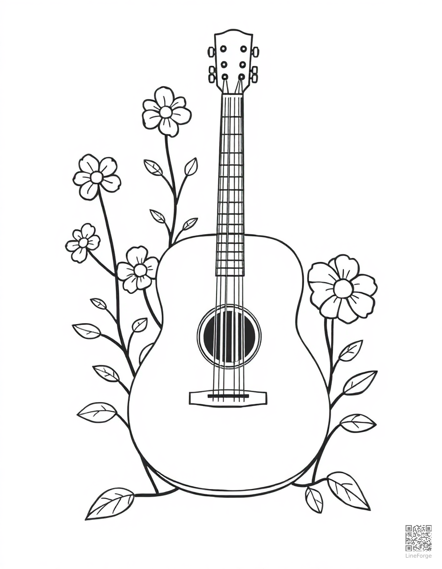 Free acoustic guitar with flowers growing from it coloring page in minimal style — printable line art